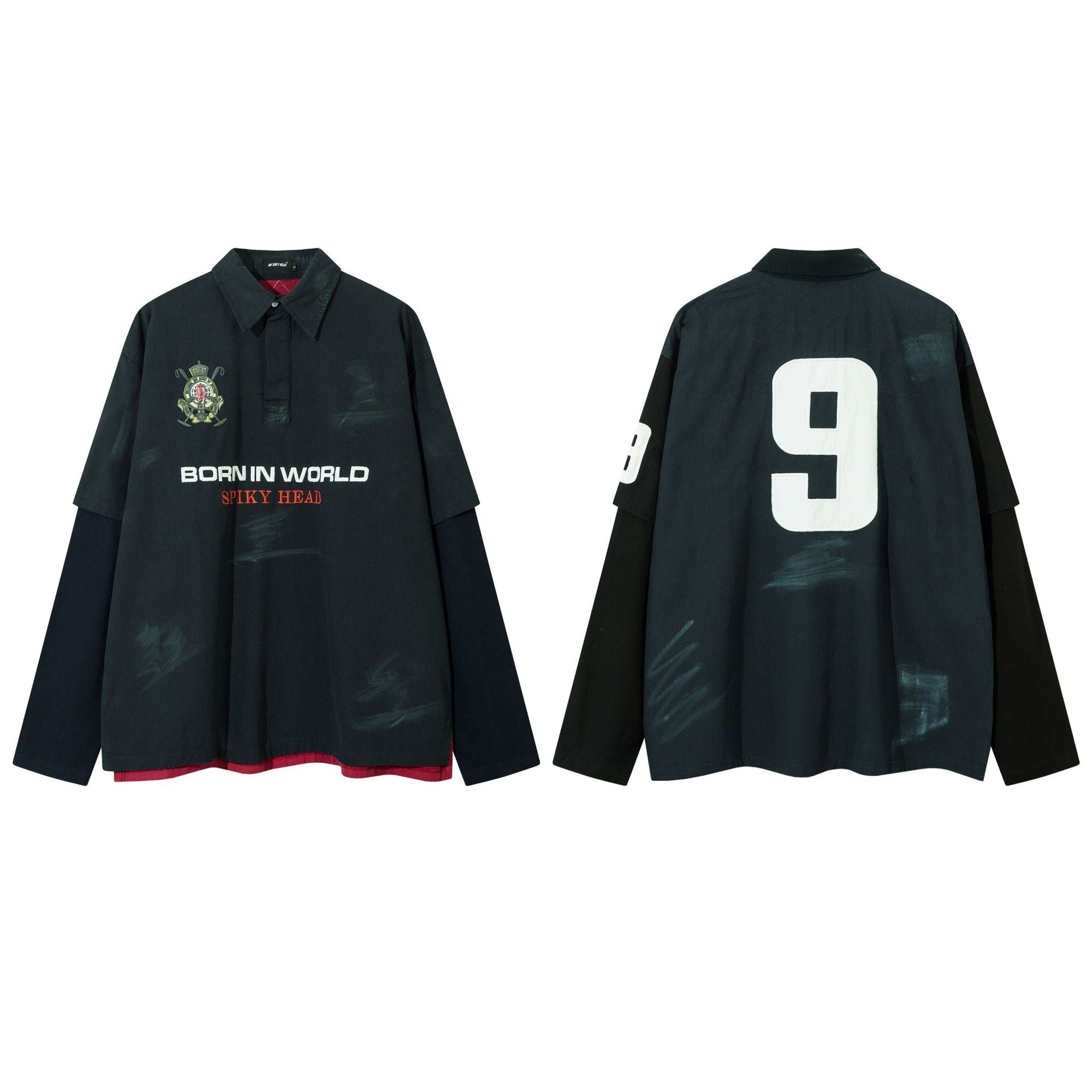 Fake two embroidered sweatshirts polo collar hoodies